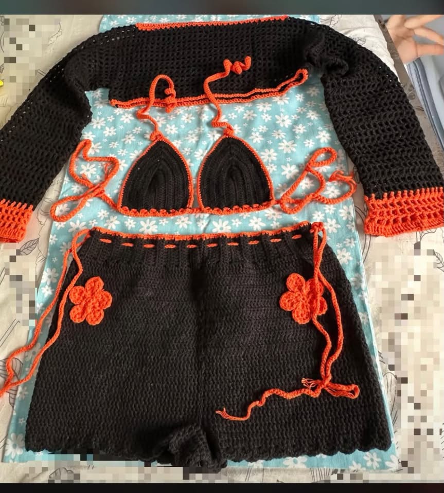 Ensemble 3 Pièces Noir & Orange - Bikini + Short + Gilet 🧡🖤