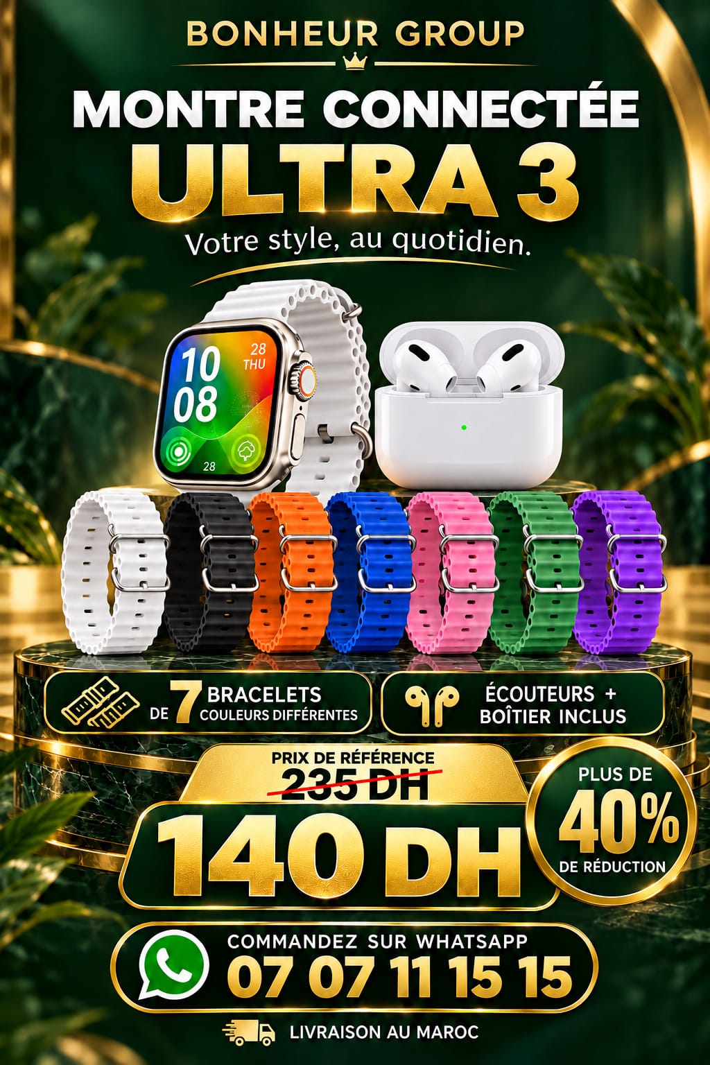 Montre connectée Ultra 3 avec écouteurs Bluetooth
