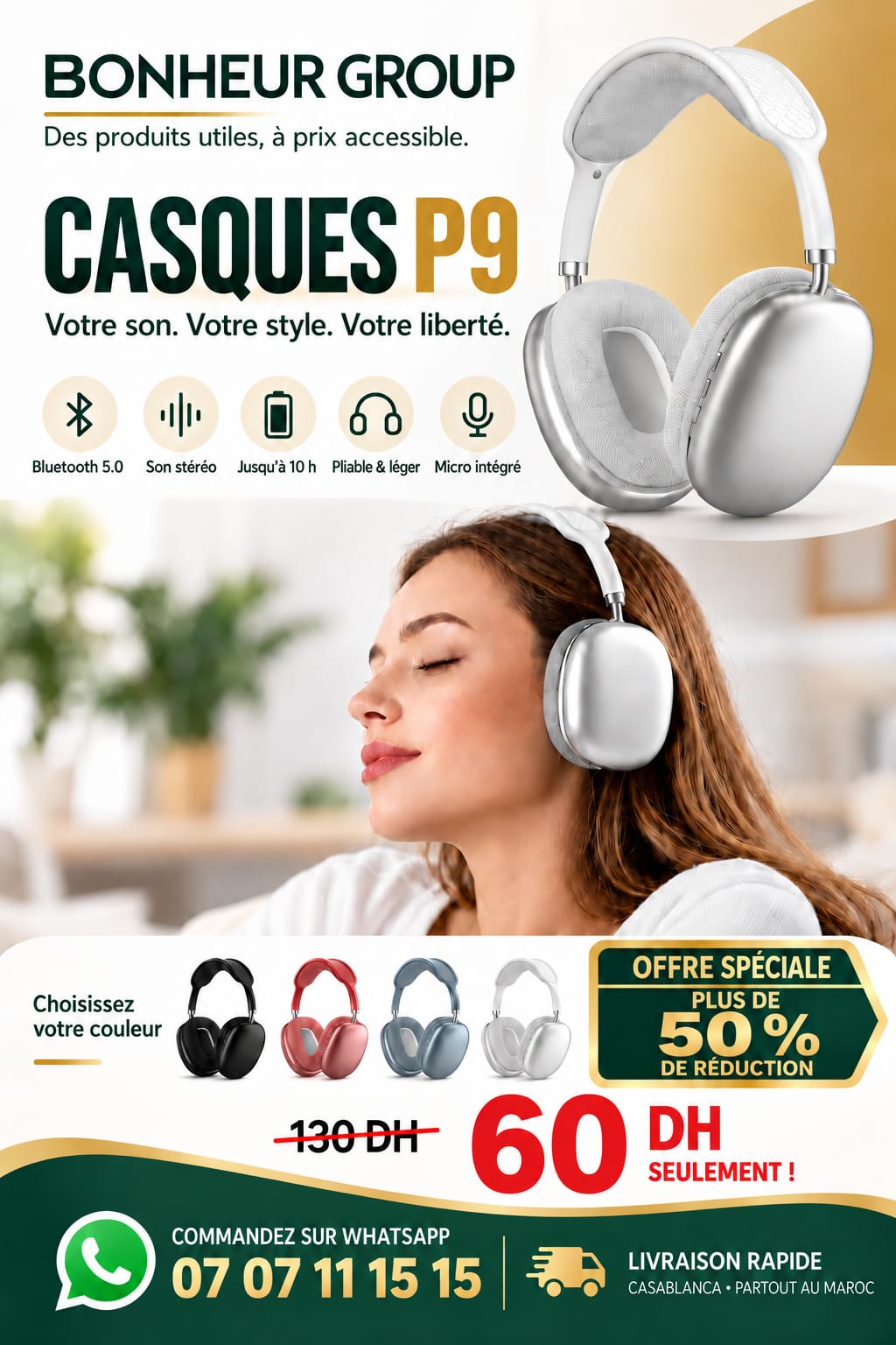 Casque Bluetooth P9 sans fil